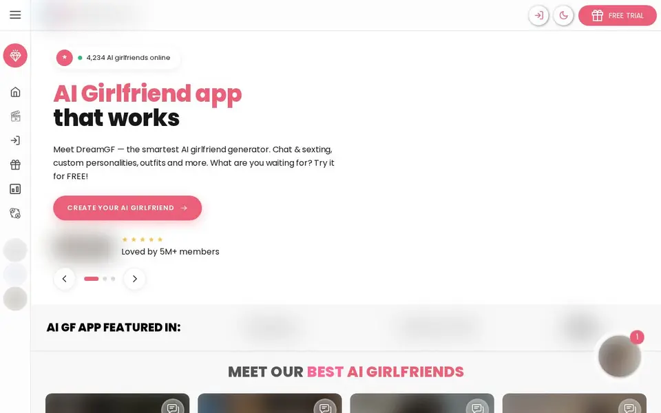 DreamGF: Oberfläche der offiziellen Website (Bilder unscharf)