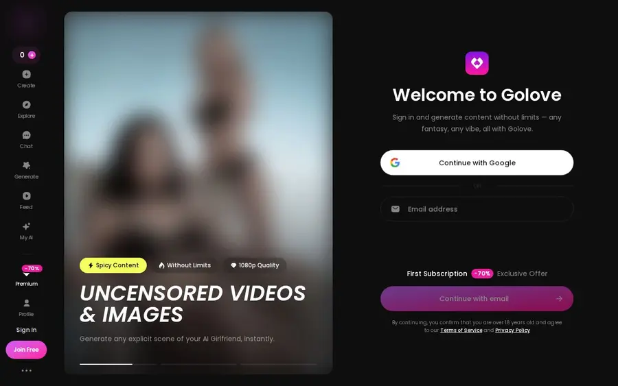 GoLove AI : interface du site officiel (images floutées)