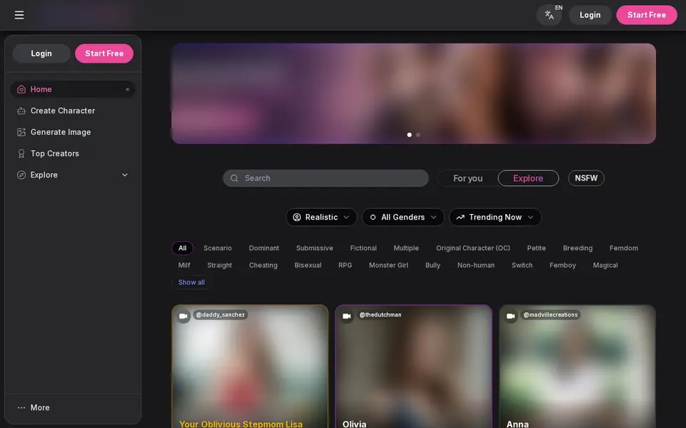 GirlfriendGPT: interface van de officiële website (afbeeldingen vervaagd)