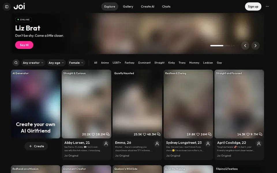 Joi AI: interface van de officiële website (afbeeldingen vervaagd)