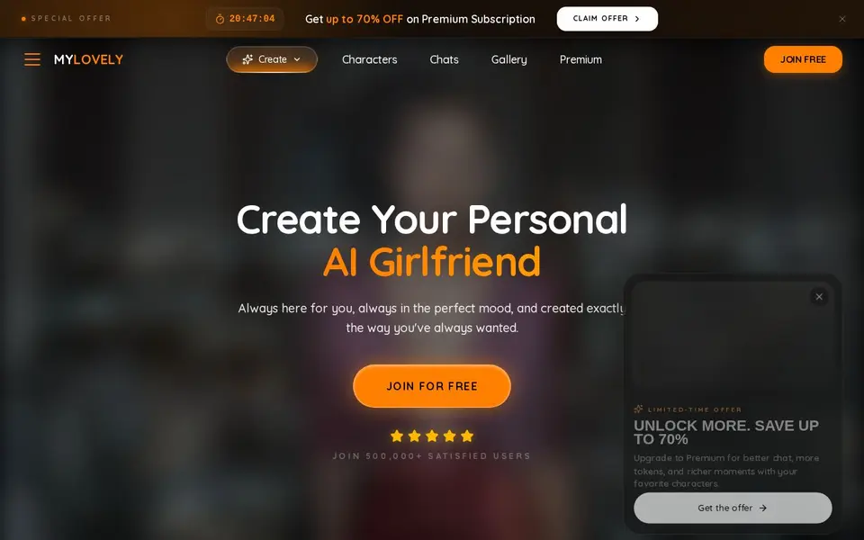 MyLovely.ai: interface van de officiële website (afbeeldingen vervaagd)