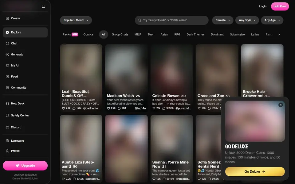 OurDream AI: Oberfläche der offiziellen Website (Bilder unscharf)
