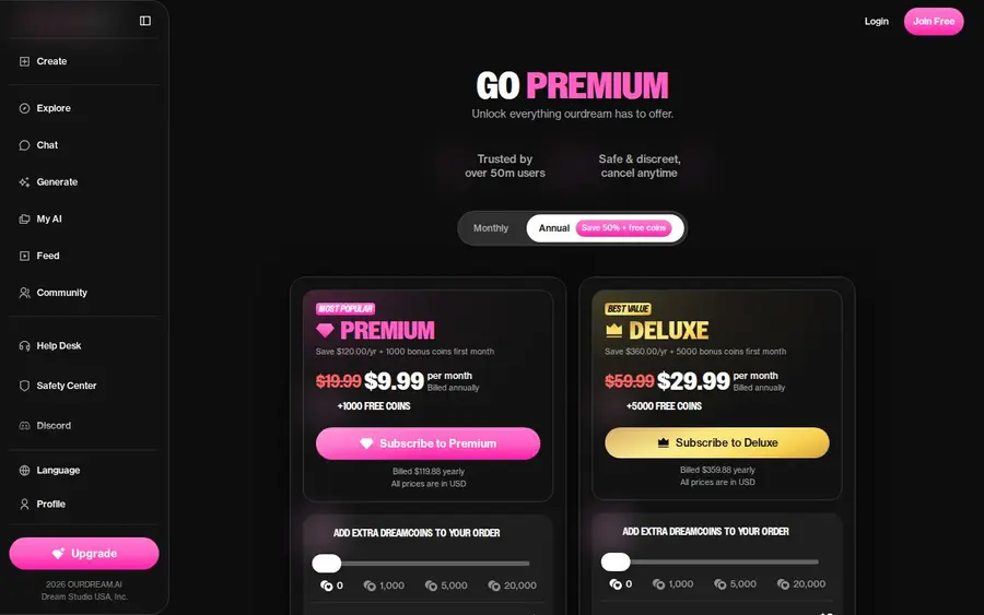 OurDream AI: interface of the official website (pictures blurred)