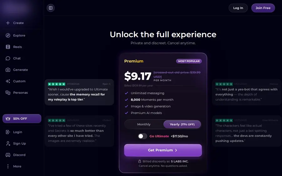 Secrets AI : interface du site officiel (images floutées)