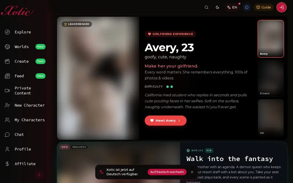 Xotic AI: Oberfläche der offiziellen Website (Bilder unscharf)